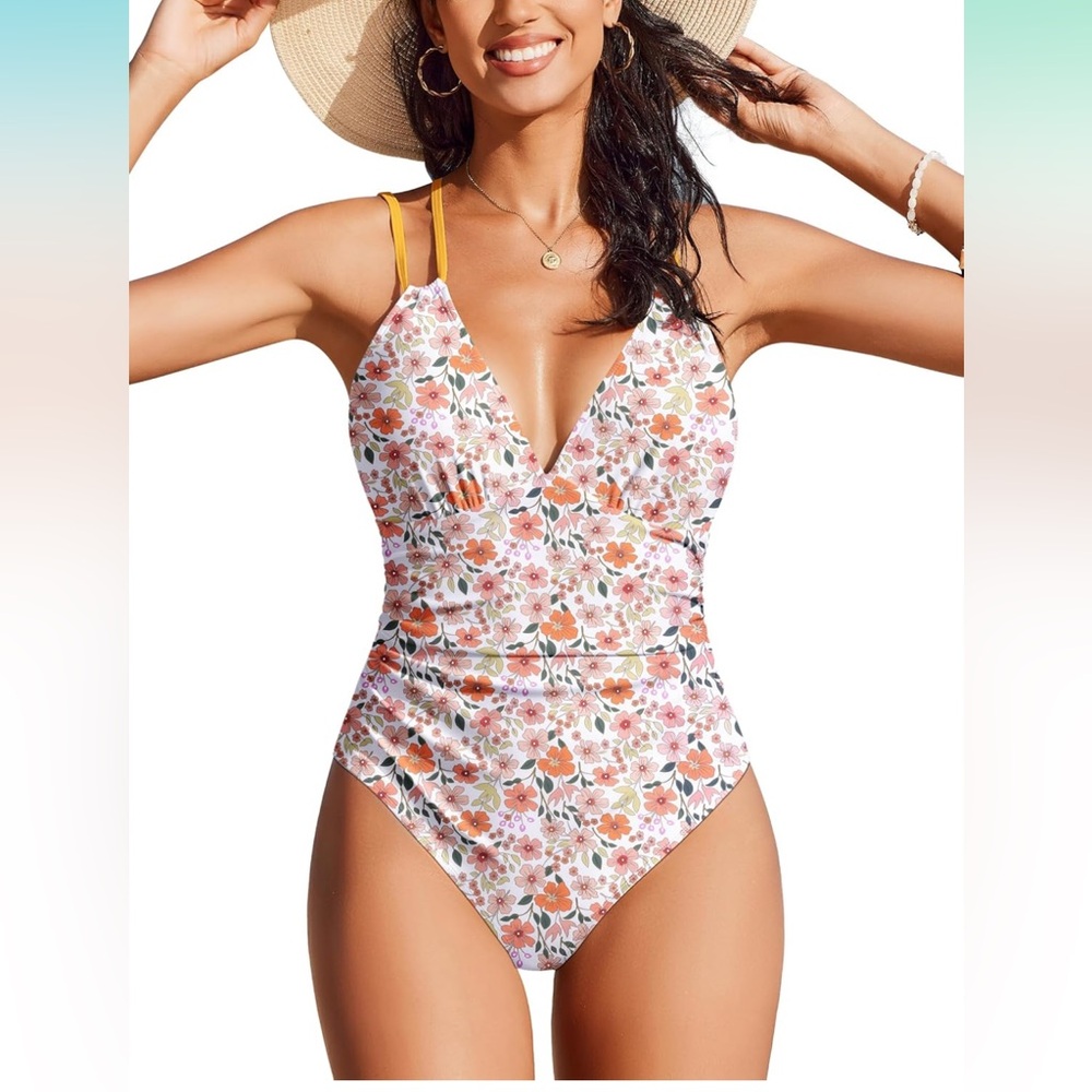 AI'MAGE One Piece Swimsuit V Neck Ruched Crisscross Floral Print Size Medium